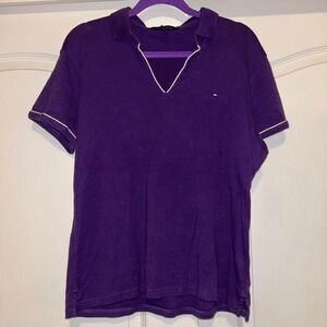 Tommy Hilfiger emma purple white piping buttonless collar preppy polo woman's XL